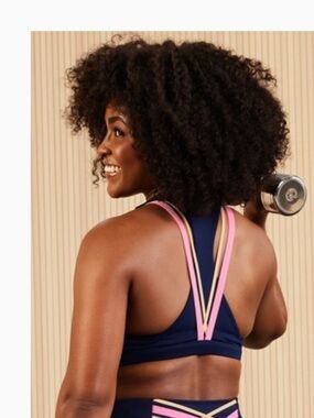 Fabletics Boost Medium Impact Navy Sports Bra with Pink and Yellow Straps